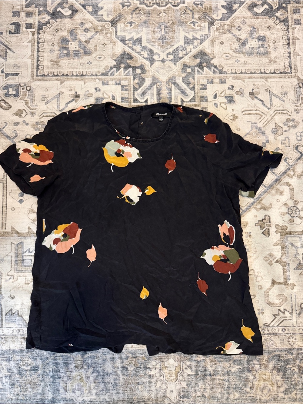 Madewell 100% Silk Floral Button Back Blouse Black Size Small